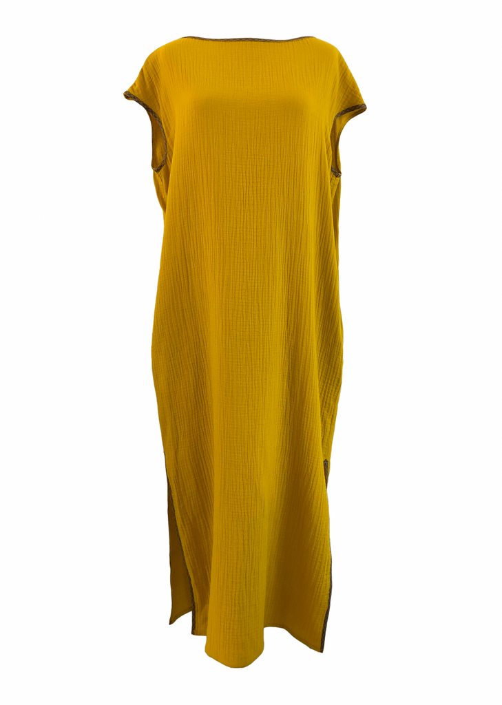 robe vagabonde longue jaune gaze de coton biologique chanvre légère souple confortable anti-uv UPF50 écoresponsable éthique ombrelle