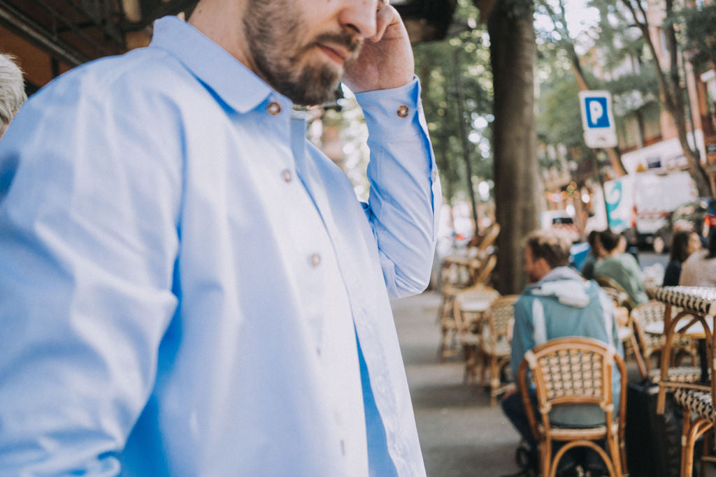 chemise bleu clair azurée anti-uv homme classique intemporel casual éco-responsable éthique ombrelle